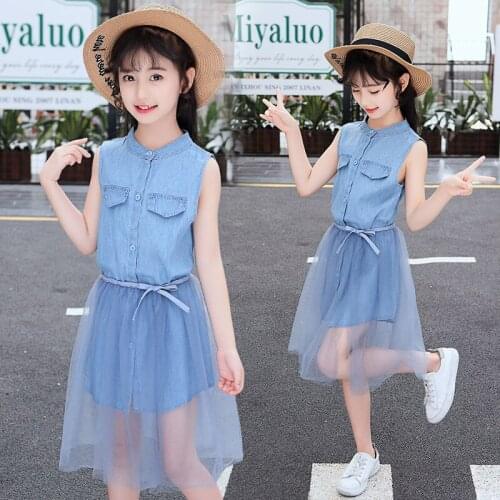 2021 Summer Girls Dress Single Breasted Sleeveless Round Neck Solid Color Net Yarn Skirt Children Clothing 4-16 Years Old