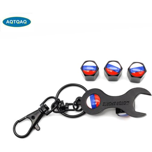 5Pcs/Set Russia Flag Style Anti-theft Car Wheel Air Tire Valves Tire Valve Caps Stem with Wrench Keychain Ring Spanner New