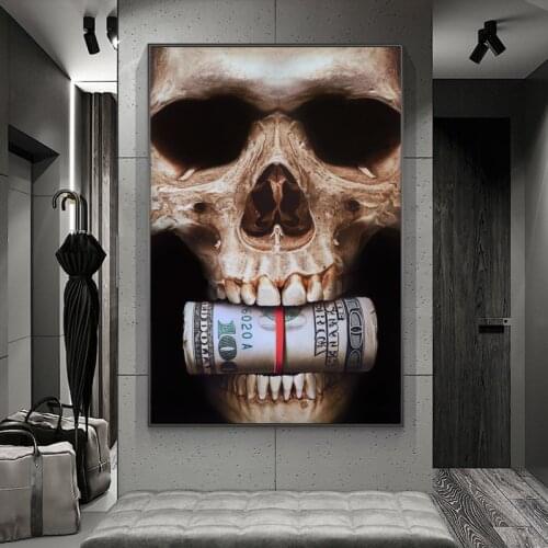 Abstract Skull Head with Money Canvas Posters and Prints Dollar Art Canvas Paintings on The Wall for Home Bar Wall Decor Picture