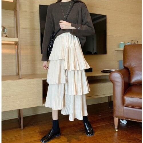 Asymmetrical Pleated Cake Skirt Women Elastic High Waist Midi Skirt with Irregular Hem Korean Fashion Skirts Faldas Largas Mujer