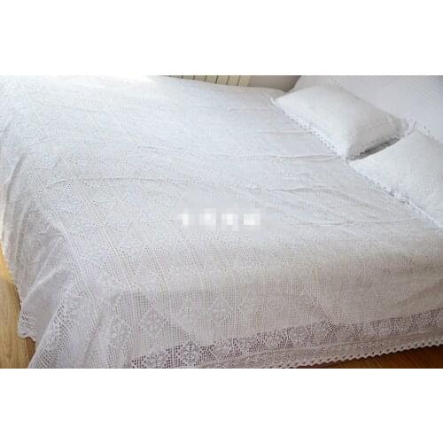 Free Shipping Cotton White/Beige Crochet Bedspread Pillowcase Full/Queen Size Crocheted Bed Sheet Sabanas Lace Bedding Set 3pcs