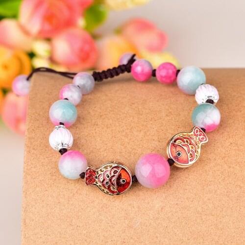 Natural Color Apple Stone Beads Charm Bracelets Vintage Copper-zinc Alloy Cloisonne Double Fish Bracelet Woman Bijoux