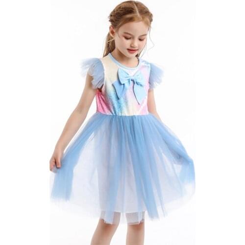 Summer Princess Girl Costume Children Clothing Flying Sleeve Rainbow Colors Girls Birthday Party Dress Baby Kids Tulle Dresses