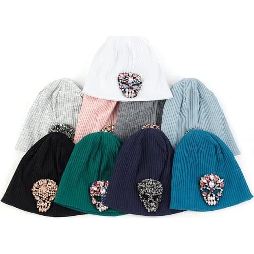 Geebro Cute Rhinestone Ribbed Casual Fashion Skullies Beanies Winter Warmer Newborn Cotton Knitted Retro Soft Elastic Hats Caps