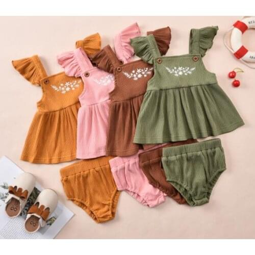 2Pcs Newborn Summer Outfits, Floral Print Square Collar Ruffle Sleeves Tops+Solid Color Ribbed Shorts for 0-12 Months Baby Girls