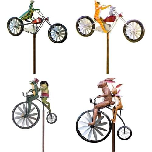 Bicycle Metal Windmill Handmade Bike Frog Cat Bunny Mantis Sculpture For Garden Yard Lawn Decoration Waterproof High Quality