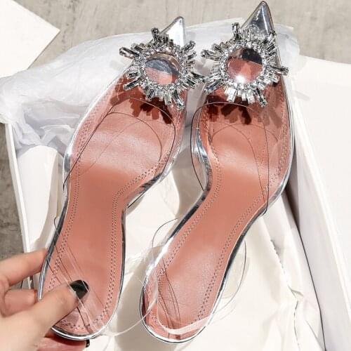 INS new fashion woman PVC sliver rhinestone high heel sandal PVC heel crystal woman high heel sandal silver diamonds sandal