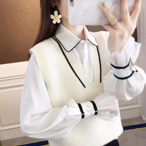 2021 Autumn Womens Knitted Vest Sweater Vest Loose Outside Simple Short Style To Show Thin Korean Girls' College Style White