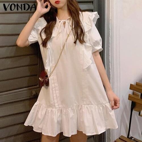Knee-Length Dress VONDA Casual Short Sleeve Party Dresses Loose Ruffled Vestidos Plus Size Elegant Robe Femme Sundress S-5XL