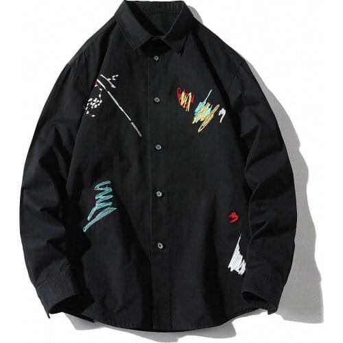 Mens Long Sleeve Shirts Black White Embroidered 100% Cotton Harajuku Casual Tops Male Streetwear Oversized Blouse Plus Size