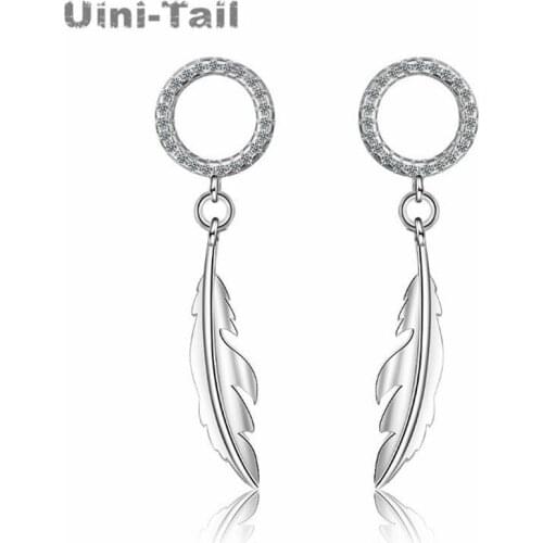 Uini-Tail hot new 925 sterling silver ring feather earrings temperament simple fashion micro inlaid long earrings high quality