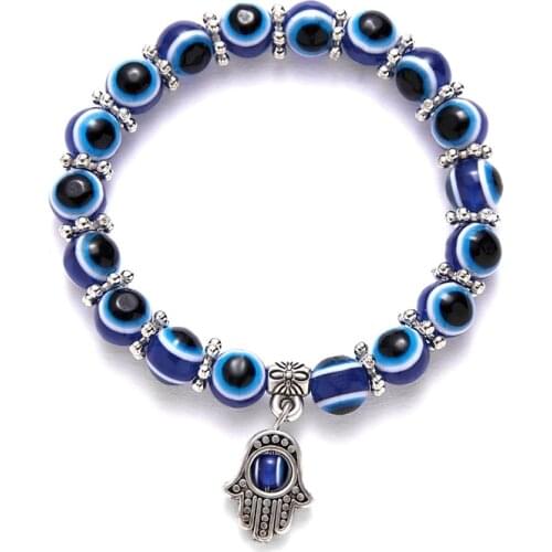 Blue Turkish Evil Eye Elastic Bracelet Charms Hamsa Fatima Hand Palm Beaded Bracelets for Women Men Yoga Vintage Jewelry Gift