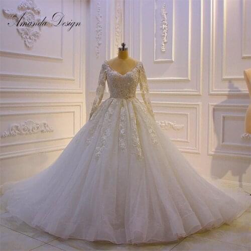 Amanda Design gelinlik 2019 Long Sleeve Lace Applique Crystal Princess Wedding Dress