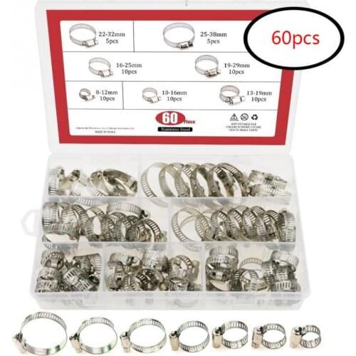 60 PCS/Box Multi Size 8mm-38mm Stainless Steel Hoop Clamp Hose Clamp Stainless Steel Set automotive pipes clip Fixed tool