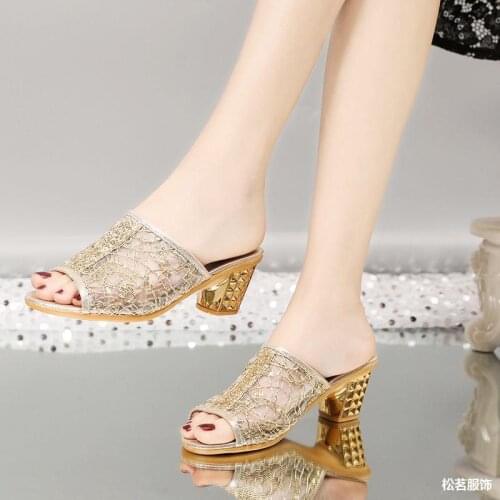 Womens Sandals, High Heels, Womens Net, Infrared Wear Sandals, Mesh Breathable Slippers, Korean Thick Heel Ladies Slippers