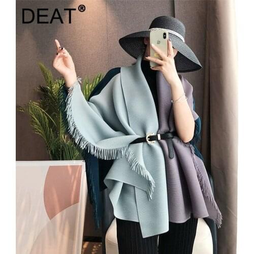 DEAT Women Pleated Coat Hit Color Tassel Lapel Batwing Sleeve Cardigan Casual Style Loose Jackets 2021 Autumn Fashion 15JK250
