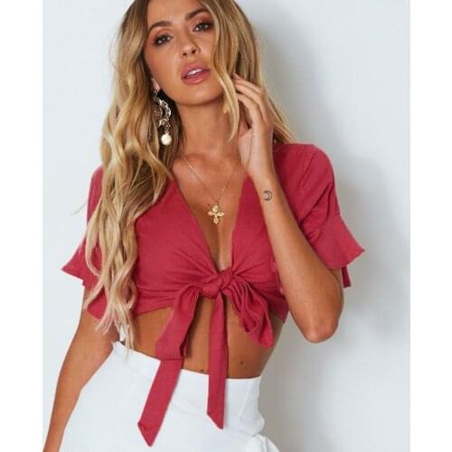 2021 Womens Short-Sleeved Top Bow Deep V-Neck Solid Color T-Shirt Sexy Cropped Short Top Ruffled Short-Sleeved Womens Summer