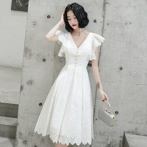 White V-Neck Ruffles Short Sleeves Prom Gowns Elegant Simple A-Line New Knee-Length Plus size Customized Woman Party Dress A1284