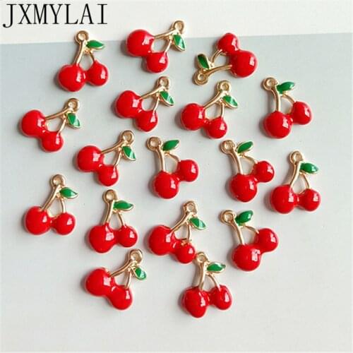10 PCS 13x17mm Fashion Metal Alloy KC Gold Drops Of Glaze Enamel Cherry Pendant Charms For Jewelry Making