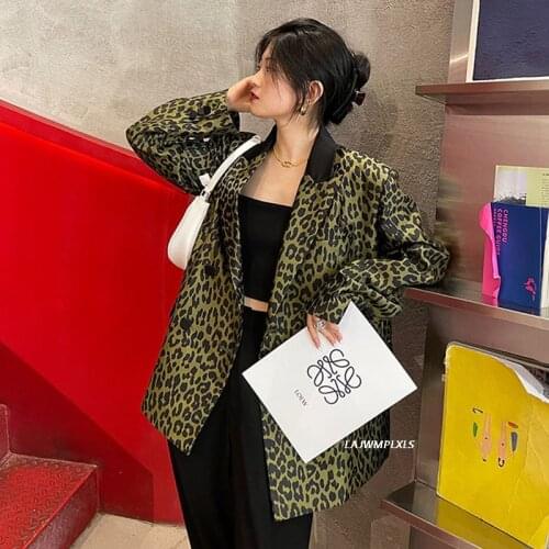 2021 All-match Spring Autumn Female Turn-down Collar Long-sleeved Blazer Coat Single Breasted Loose Leopard print Suit Top