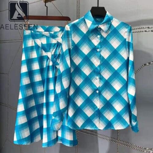 AELESEEN Runway Fashion Women 2 Pieces Sets 2021 Autumn Classic Blue Plaid Print Blouse+Draped Long Skirt Elegant Ladies Twinset