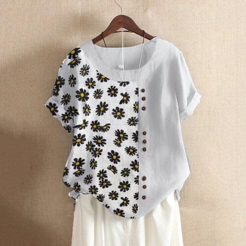 Cotton Linen Womens Tops And Blouses Flower Print Vintage O Neck Short Sleeve Blouse Shirt Plus Size 2020 Spring Tunic For Women