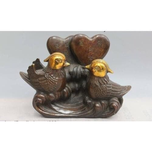China Feng Shui Bronze Copper Gild Mandarin duck bird family Decor statue