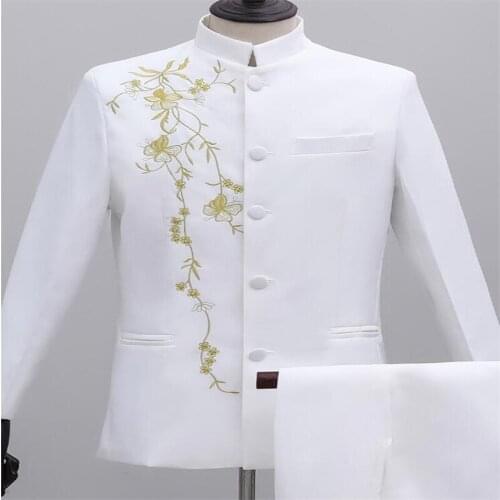 Chinese tunic suit mens blazer homme пиджак stand collar jacket wedding dress chorus performance costume black white red blue