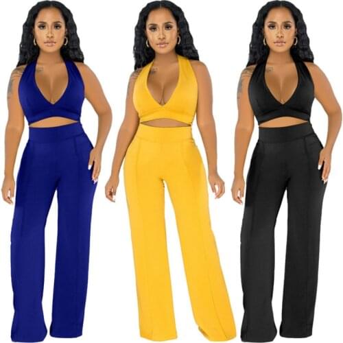 2021 Summer Womens Suit Crop Tops V-neck Knitted Sexy Fashion Casual Solid Color Sleeveless Vest + Trousers Two-piece Suit