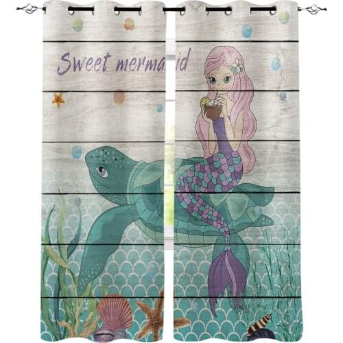Turtle Mermaid Marine Wood Curtains for Windows Drapes Blinds Modern Custom Printing Curtain For Living Room Bedroom Home Decor