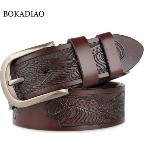 BOKADIAO Mans genuine leather belt Alloy Pin Buckle Jeans belt Cowskin Carved craft Luxury designer Belts for Men high quality