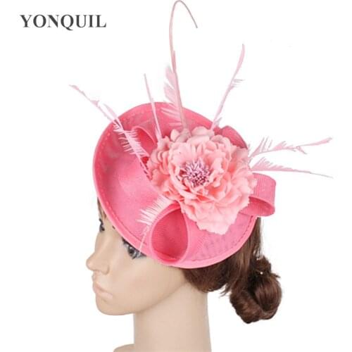 Charming Red Hats Fascinator Weding Imitation Sinamay Bride Headpiece Fancy Ostrich Feather Hair Accessories Headband