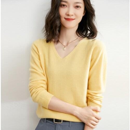 Autumn Winter Hot Sale,Pure Wool Sweater Womens Pullover,V-Neck Basic,Pure Color Simple,Loose Versatile Knitted Bottoming Shirt