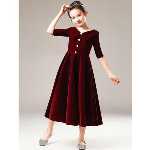 Autumn and winter long sleeve velvet evening dress for girls Piano dress for 10th birthday Childrens chorus recitation Costume