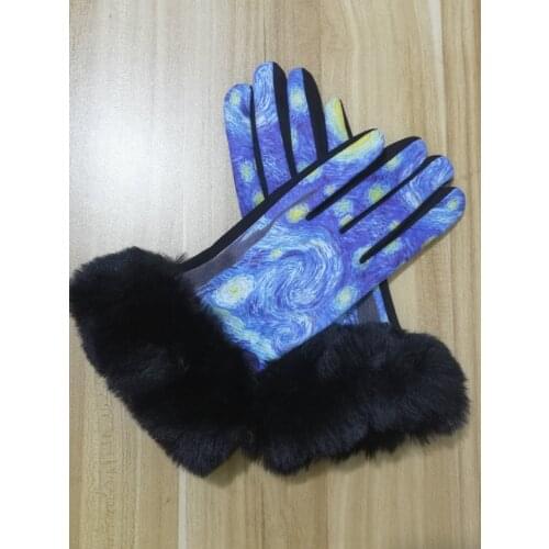 Winter Warm Women’s Faux Fur Glove Digital Print Starry Night Touch Screen Gloves Ladies Thermal Fleece Driving Mittens GL0022