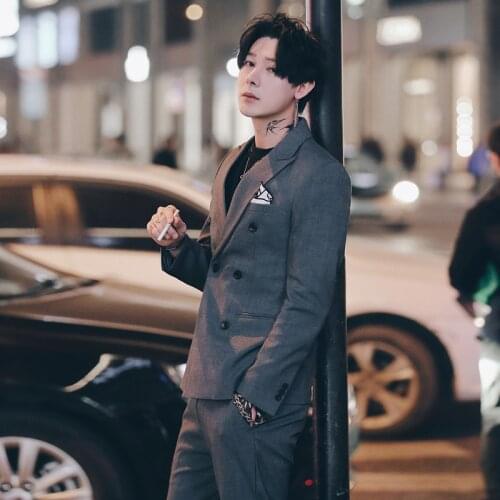 Jacket + Pants ) New Fashion Boutique Solid Color Double-breasted Mens Casual Gray Black Suit 2 Sets Formal Business Suit