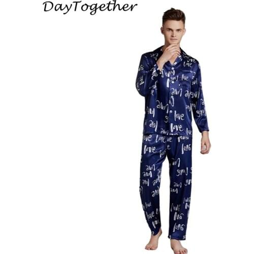 High Quality Satin Pajamas Sets Men Home Clothes Long-sleeved Shirt Pants Letter Print Silk Male Two Pieces Pyjama