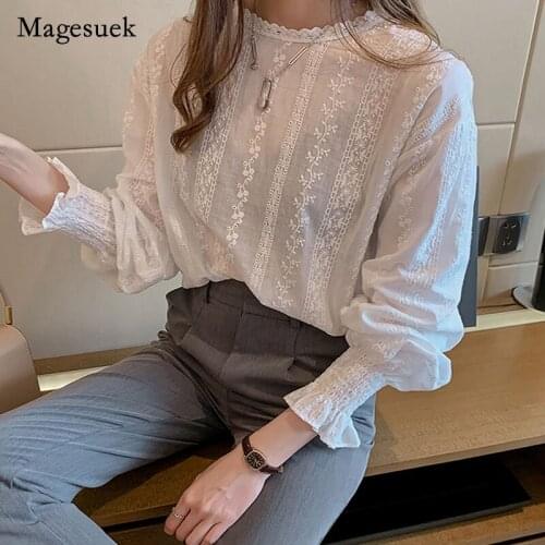 Casual Floral Womens Top Long-sleeved Lace Texture Blouse Autumn Fashion Womens White Chiffon Top Blusas Mujer De Moda 6202 50