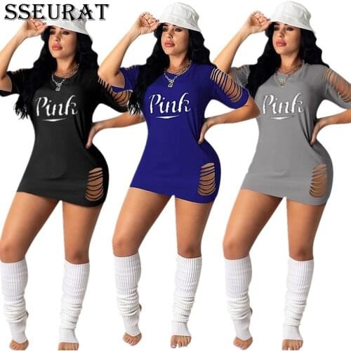 SSEURAT Women Mini Dress Letter Print Hole Short Sleeve O-neck Elastic Dresses Casual Fashion Outfit Summer
