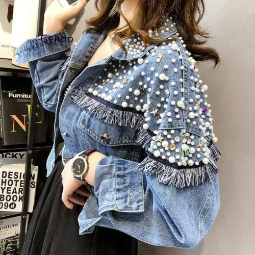 2020 Autumn Streetwear Denim Jacket Women Hand-Studded Pearls Punk Tassel Veste Femme Loose Short Jeans Coats