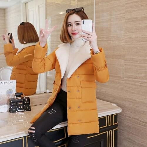 Womens Korean-Style Slim-Fit Cotton-Padded Jacket for Autumn and Winter Middle Long Cotton-Padded Coat