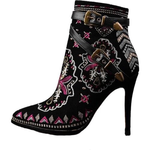 Belt Buckle Embroidery Womens Boots Autumn 2021 New Ethnic Style Women Shoes Thin High Heel Tip Ankle Boots Black Plus Size 42