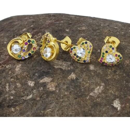 Cute Tiny Heart Earrings Stud for Women 24k Gold Jewelry Lovely Animal CZ Zircon Earring for Girls Rainbow Goose Stud Earrings