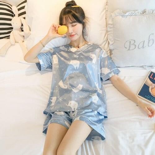 Summer Hot Pajamas Short-sleeved Shorts Ice Silk Pajamas Women Cartoon Loose and Comfortable Ins Home Service Women