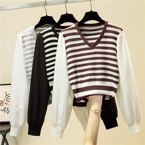 Long Sleeve Stitched V-neck Stripe Knitted Top Womens New Fashion Pullover In Spring 2021