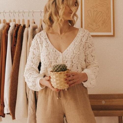 Annette Organic Cotton Jumper Women Long Sleeve Hollow Out Patterned Knitted Cardigan Autumn Winter Vintage Warm Sweater