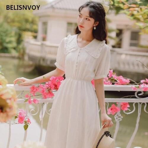 2021 summer woman clothes elegant White Dress Ruffles Peter Pan Collar Sweet Literary Vestidos Retro Female Korean Chic Dresses
