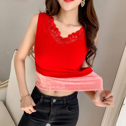 Women 2021 Autumn Winter New Fashion Mesh Embroidery Vest Top Female V-neck Bottoming Tops Ladies Thick Warm Slim Vest Tops D470