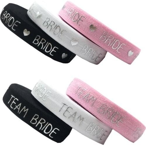 10 Yard 5/8" 15mm Silver Foil TEAM BRIDE Print Foldover Elastic FOE Spandex Band Hair Tie Headband Tutu Dress Sewing Trim