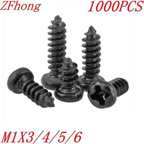 1000PCS M1*3/4/5/6 1mm black micro electronic screw cross recessed phillips round pan head self tapping screw